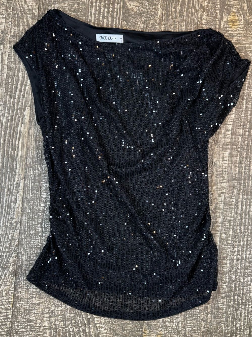 Grace Karin Black Sequin Short Sleeve Top off the shoulder